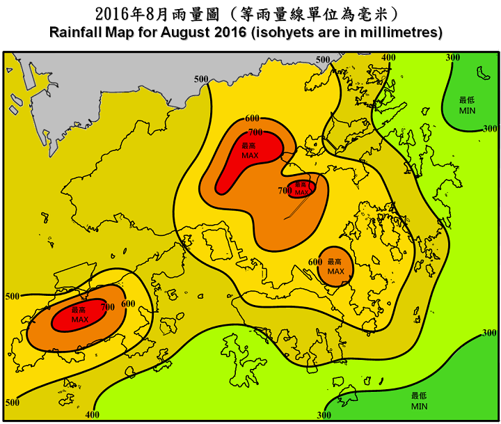 二零一六年八月雨量图 (等雨量线单位为毫米)