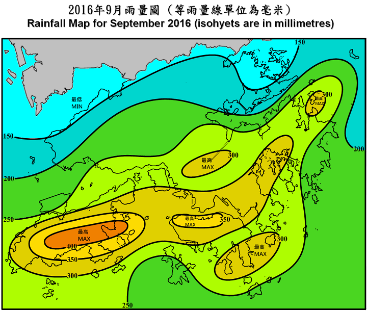 二零一六年九月雨量图 (等雨量线单位为毫米)