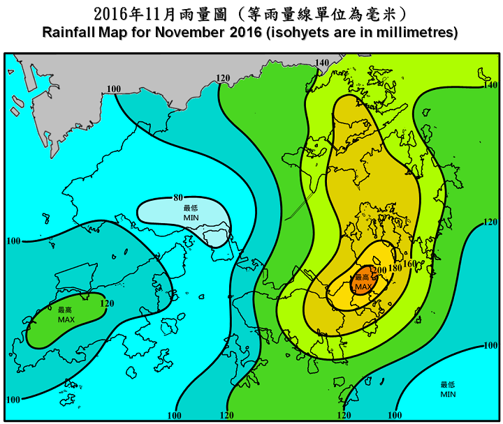 二零一六年十一月雨量图 (等雨量线单位为毫米)
