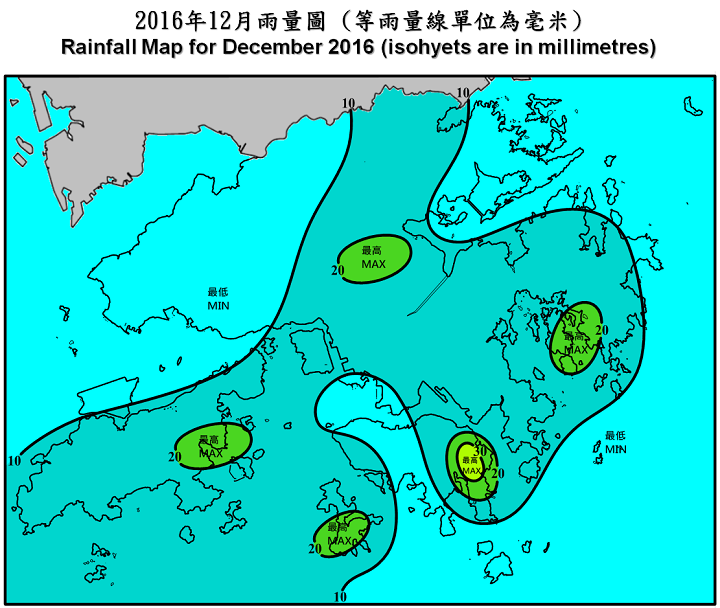 二零一六年十二月雨量圖 (等雨量線單位為毫米)