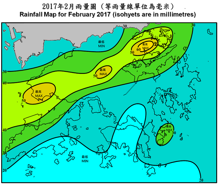 二零一七年二月雨量图 (等雨量线单位为毫米)