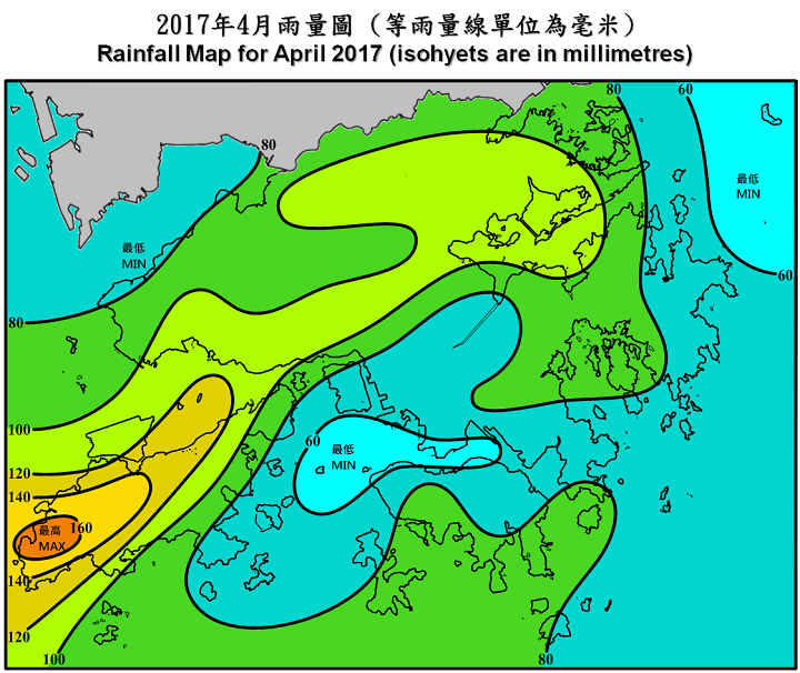 二零一七年四月雨量图 (等雨量线单位为毫米)
