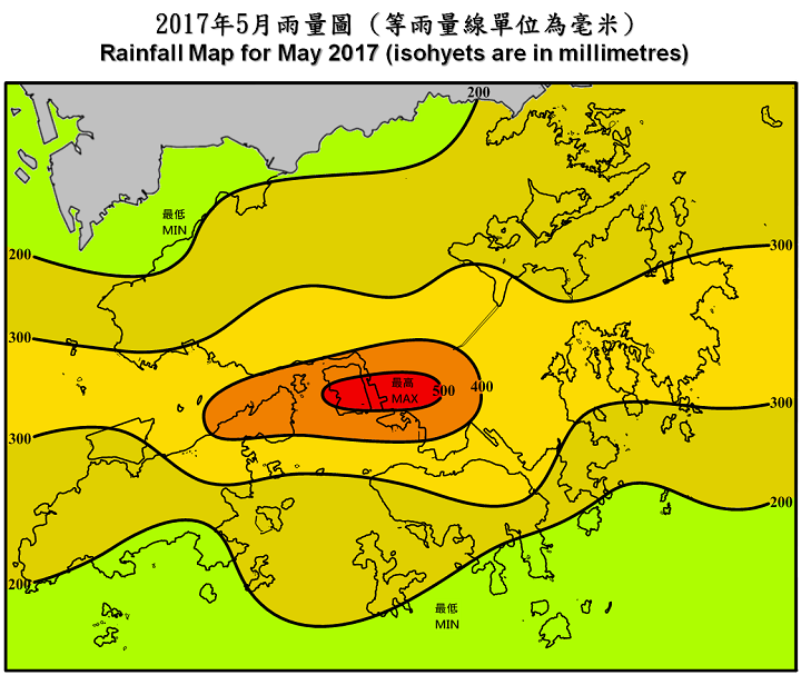 二零一七年五月雨量图 (等雨量线单位为毫米)