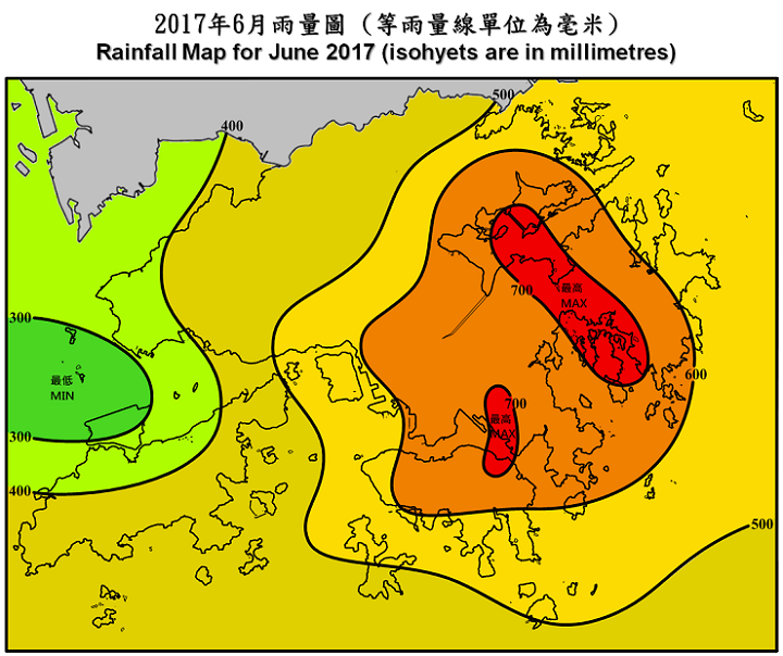 二零一七年六月雨量图 (等雨量线单位为毫米)