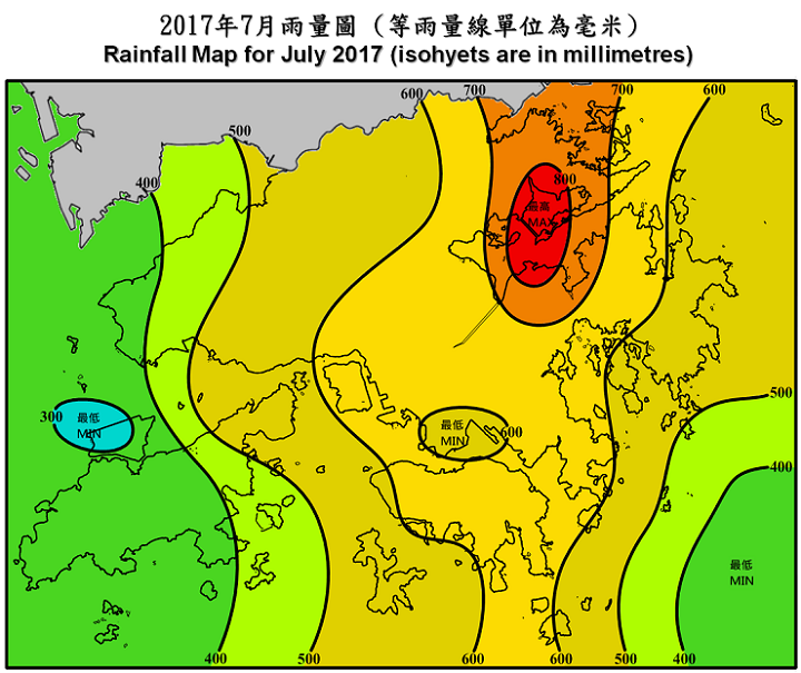 二零一七年七月雨量图 (等雨量线单位为毫米)
