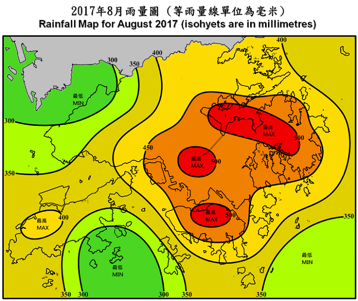 二零一七年八月雨量图 (等雨量线单位为毫米)