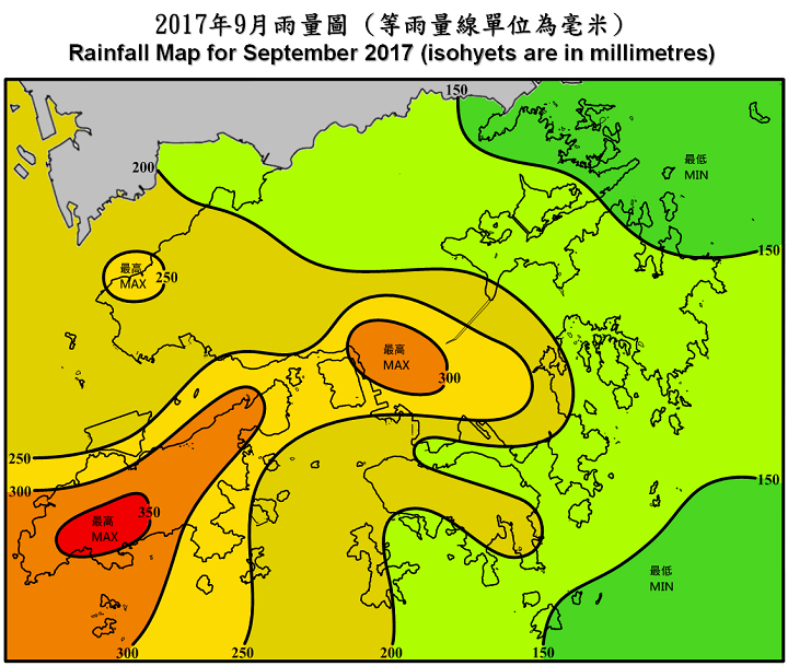 二零一七年九月雨量圖 (等雨量線單位為毫米)