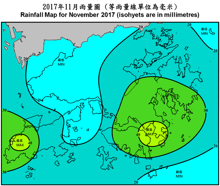 二零一七年十一月雨量图 (等雨量线单位为毫米)