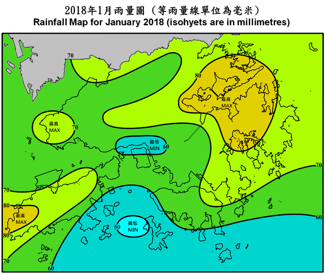 二零一八年一月雨量图 (等雨量线单位为毫米)