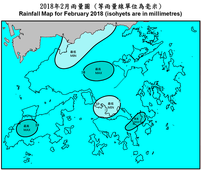二零一八年二月雨量图 (等雨量线单位为毫米)