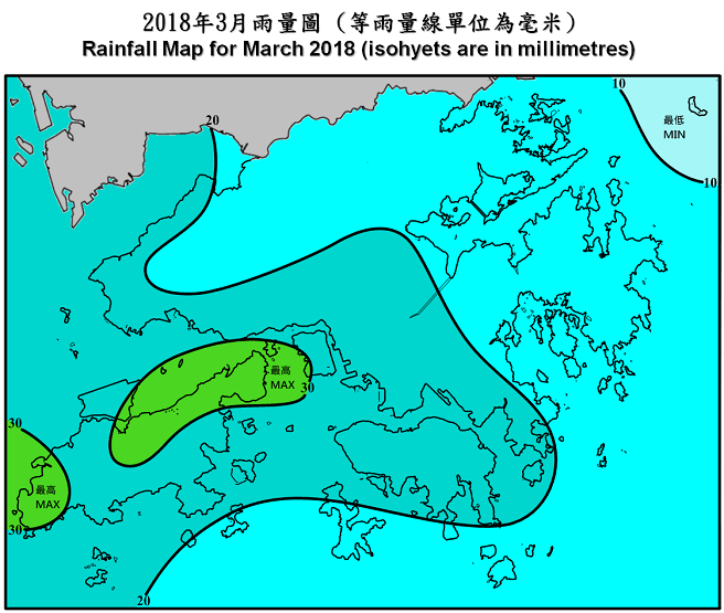 二零一八年三月雨量圖 (等雨量線單位為毫米)
