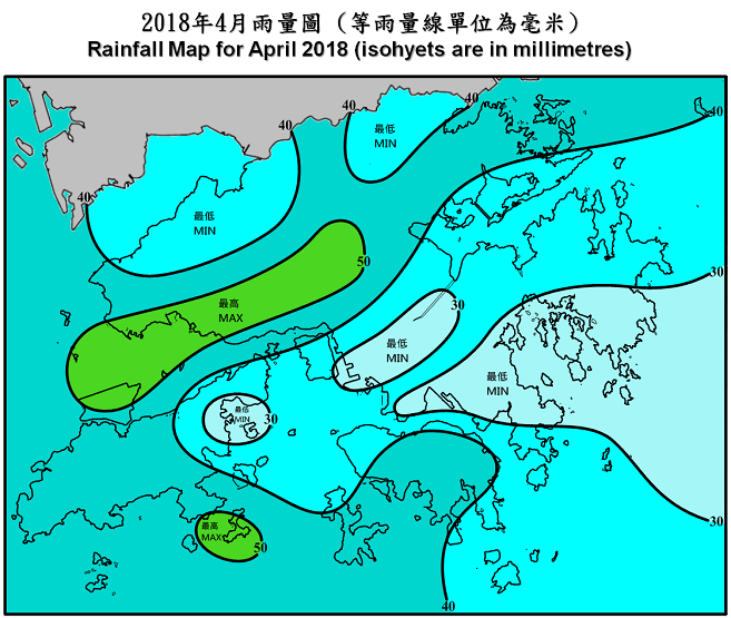 二零一八年四月雨量圖 (等雨量線單位為毫米)