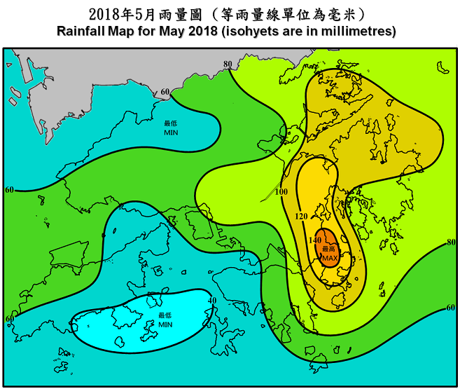 二零一八年五月雨量圖 (等雨量線單位為毫米)