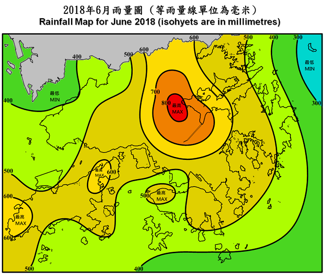 二零一八年六月雨量圖 (等雨量線單位為毫米)