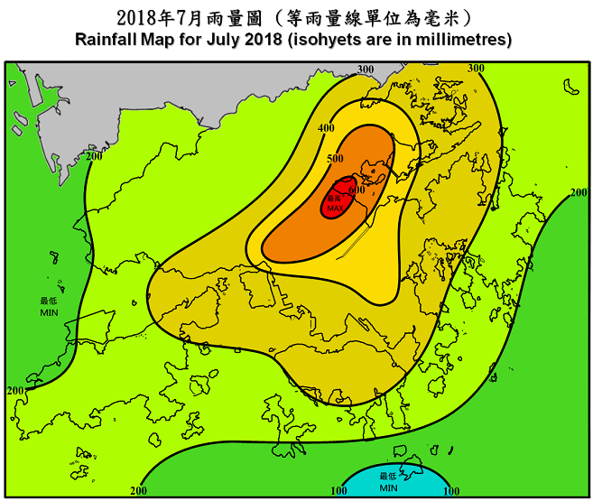 二零一八年七月雨量圖 (等雨量線單位為毫米)