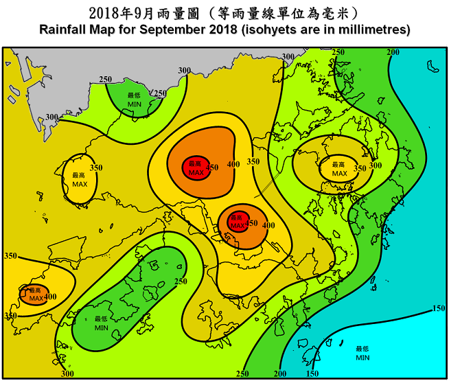 二零一八年九月雨量圖 (等雨量線單位為毫米)