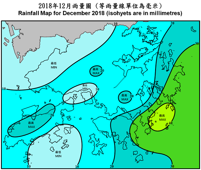 二零一八年十二月雨量圖 (等雨量線單位為毫米)
