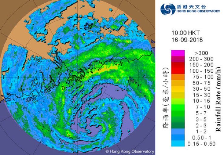 強颱風山竹於2018年9月16日早上10時的雷達圖像