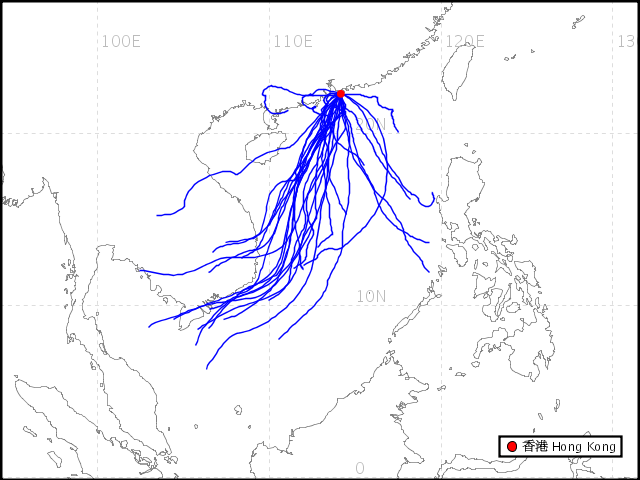 2008年7月份到達香港氣團的反軌跡路線